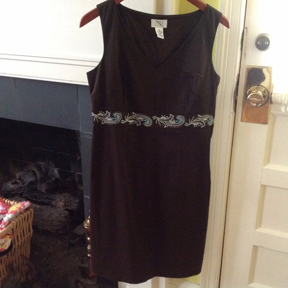 LOFT Sheath Dress Y2K Brown Turquoise Beaded Embroidered Cotton Stretch - Sz 6 - Picture 1 of 8